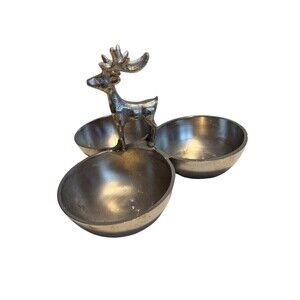 Aspen Home Three Bowl Server With Reindeer Stag On Top Silver Tone